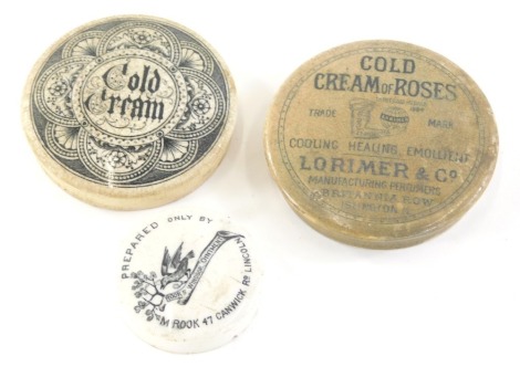 A Lorimer and Co Cold cream of Roses black and white transfer printed pot lid, 7cm diameter, another for Cold Cream and M Rook, 47 Canwick Road, Lincoln, Rooks Windsor ointment pot lid. (3)