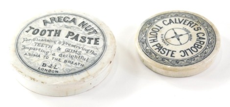 A pot lid Areca Nut toothpaste black and white transfer print, 8cm diameter, another smaller for Calverts toothpaste. (2)