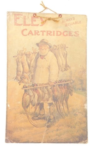 A card Eley cartridges advertising sign, with a figure holding pheasants and hares, 30cm x 19cm.