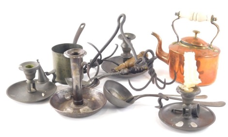 Various metalware, pewter, etc., an early 20thC copper kettle with ceramic handle, 21cm high, a pan of plain cylindrical form, various pewter chambersticks, etc. (a quantity)