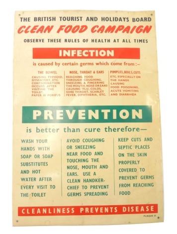 An early 20thC tin sign, The British Tourist And Holidays Board Clean Food Campaign Observe These Rules Of Health At All Times, 36cm x 24cm.