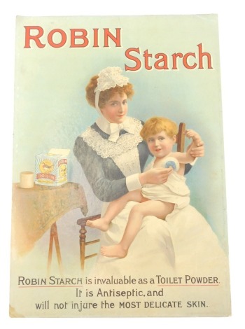 An early 20thC Robins Starch card advertising sign, decorated with a nurse and child, marked Robin Starch Is Invaluable As A Toilet Powder, 38cm x 26cm.