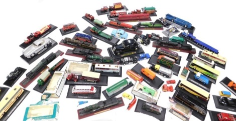 Various die cast toys, vehicles, stationary train, schools class 4-4-0SR locomotive, Southern 900, on wooden base, 24cm wide, further unboxed die cast vehicles, trucks, etc., on bases, various others. (a large quantity)