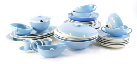 A Denmark Sonja pattern part dinner service, numbered 1619, to include sauce tureen, 9cm high, part cruet, vegetable dishes, plates, side plates, oval meat plates, soup bowls, etc., printed marks beneath. (a quantity)