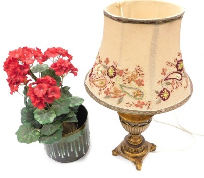 A Studio pottery drip ware planter, 15cm high, and a resin classical style lamp with floral shade. (2)