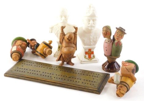 Various carvings, Norwegian style wooden and treen articulated carvings, tankard, 11cm high, etc., Grafton Flags Of Liberty crested china bust, another, cribbage board, etc. (a quantity)