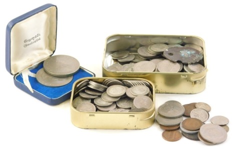 Various coins, quantity of pre-decimal sixpences, various George VI, various dates and other low denomination shillings, sixpences, etc., cased Churchill crown, various world used. (a quantity)