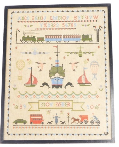 A 20thC pictorial alphabetic and numeric sampler, with trains and boats, dated November 1950, 48cm x 36cm.