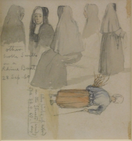 •20thC English School. Figure of a nun, with figure holding sticks, annotations dated 28th September 69, watercolour and pencil, unsigned, 13cm x 13cm.