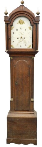 Gardner, Woodbridge. A 19thC longcase clock, the arched painted dial decorated with floral sprays, with an 8 day, four pillar movement, in oak case with reeded and canted corners, (AF), 209cm high.