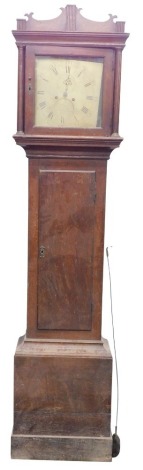 George Suggate, Halesworth. A 19thC longcase clock, the square dial with subsiduary date and Roman Numerals, an 8 day four pillar movement, in an oak case, (AF), 209cm high.