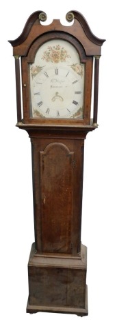 John Hughes, Swansea. A 19thC longcase clock, the arched painted dial decorated with shells, flowers, etc., 30 hour movement, in oak and mahogany cross banded case, 203cm high. (AF)