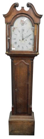 John Hargrave, Sleaford. A 19thC longcase clock, the arched painted dial decorated with flowers, gilt scrolls, etc., with subsidiary seconds dial and date aperture, eight day four pillar movement in oak and mahogany case, AF, 195cm high.