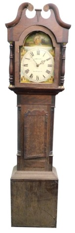 R Burrell, Collingham. A 19thC longcase clock, the arched painted dial, decorated with a lady within a rural landscape, churches, etc. with 30 hour movement in oak and mahogany case, AF, 206cm high.