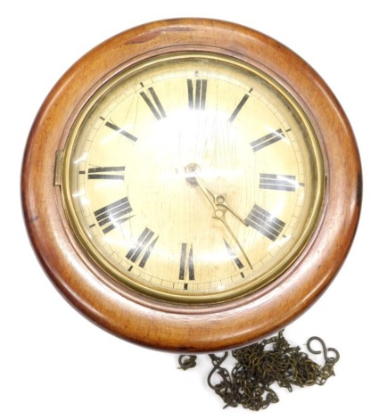 A late 19thC wall clock, the circular dial painted with Roman Numerals with a brass metal and mahogany surround, AF, 30cm diameter.