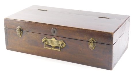 A 19thC mahogany campaign travel box, with hinged lid and angular handle with plain interior, 16cm high, 51cm wide, 25cm deep.