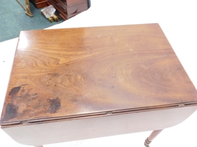 A George III mahogany Pembroke table, the D end top raised above a single freeze draw with lion mask and ring handles on turned legs, when closed 71cm high, 77cm wide, 54cm deep. - 2