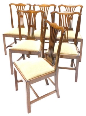 A set of six 19thC oak dining chairs, each with a pierced vase shaped splat, a drop in seat on chamfered legs with H stretched.