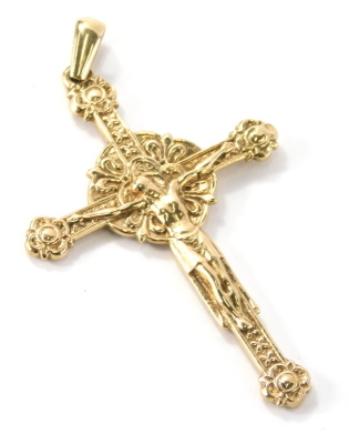 A 9ct gold crucifix pendant, with shaped hook top with detailed decoration, 9cm high, 22g. - 3