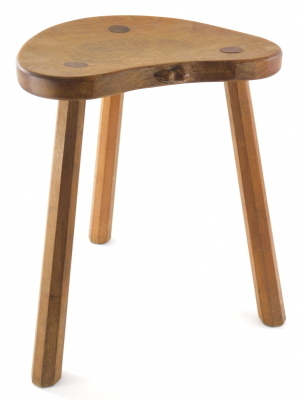 A 1970s Robert Thompson of Kilburn Mouseman oak cow stool, with saddle seat carved with mouse to the side on three legs, 46cm high. - 5