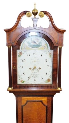 George Atkinson, Louth. A 19thC oak and mahogany longcase clock, the arched dial painted with a pheasant in woodland landscape with floral spandrels, the circular dial bearing Arabic numerals, subsidiary seconds dial and date aperture, with an eight day f - 5