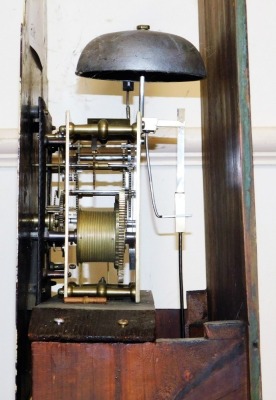 George Atkinson, Louth. A 19thC oak and mahogany longcase clock, the arched dial painted with a pheasant in woodland landscape with floral spandrels, the circular dial bearing Arabic numerals, subsidiary seconds dial and date aperture, with an eight day f - 8