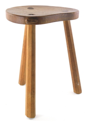 A Peter Heap of Wetwang Rabbitman oak cow stool, with saddle seat carved with rabbit on three legs, 47cm high. - 3