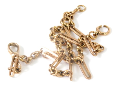 A 9ct gold fancy link watch chain, with paper clip and rope twist links, 45cm long, 27.4g. - 2