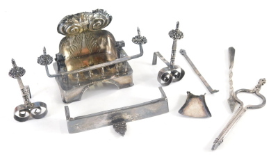 A William III silver miniature firegrate, by George Manjoy, comprising grate, 7cm high, the top with a repousse scroll decoration with fixed andirons and pierced base, two separate andirons and a miniature companion set with poker, shovel (S+AF) and coal - 3