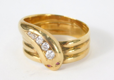 An 18ct gold serpent dress ring, inset with tiny diamonds and rubies, 9.8g all in, size U. - 3