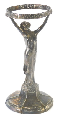 A 20thC Art Nouveau silver plated lamp base, formed as a lady in flowing robes on a shaped base, unsigned, 33cm high. - 2