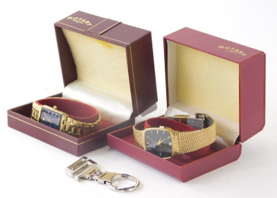 A Rotary gentleman's quartz wristwatch, the rectangular black dial with baton numerals and pointers with textured bracelet, another and a BMW S key ring. (3 partially boxed with some paperwork) - 2