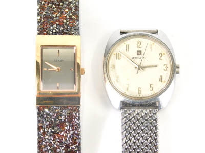 A gentleman's Zenith automatic wristwatch, with 3cm wide shaped dial and textured bracelet and a ladies Seksy fashion watch. (2) - 3