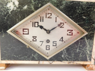 A Continental Art Deco marble cased clock garniture, the rhomboid shaped silvered dial bearing Arabic numerals, thirty hour movement, the case of shaped rectangular form with veined orange and green marble, surmounted with a kneeling figure with butterfly - 7