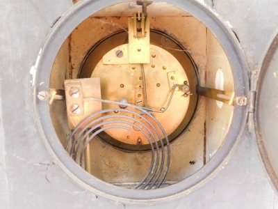 A late 19thC French slate and brass mantel clock, for Mappin & Webb, London, circular brass dial with central filigree scroll decoration, bearing Arabic numerals, eight day movement with coil strike, the case of architectural temple form with decorative f - 10