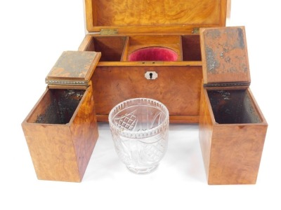 A Regency satinwood sarcophagus tea caddy, the hinged lid opening to reveal a pair of tea boxes, flanking a mixing bowl recess, with a cut glass mixing bowl, the box with mother of pearl key escutcheon, raised on bun feet, 23cm high, 39cm wide, 24cm deep. - 5