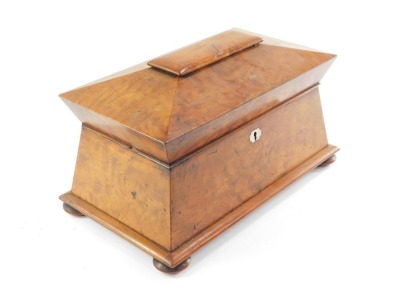 A Regency satinwood sarcophagus tea caddy, the hinged lid opening to reveal a pair of tea boxes, flanking a mixing bowl recess, with a cut glass mixing bowl, the box with mother of pearl key escutcheon, raised on bun feet, 23cm high, 39cm wide, 24cm deep. - 6