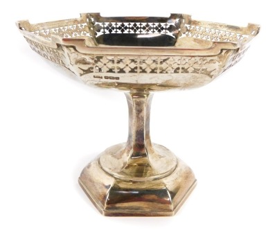 A George V pierced silver comport, the hexagonal top with raised and pierced shield border, on tapered base, Walker & Hall, Sheffield 1917, 20¼oz. - 6