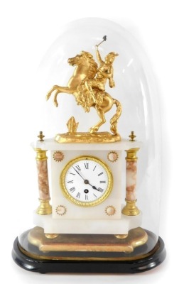 A French late 19thC onyx and gilt metal mantel clock, with Roman numeric dial with chapter ring and gilt surround, thirty hour movement, the case with white and red veined marble, surmounted with a figure of Vercingetorix on horseback, on an ebonised base - 8