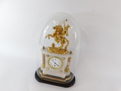 A French late 19thC onyx and gilt metal mantel clock, with Roman numeric dial with chapter ring and gilt surround, thirty hour movement, the case with white and red veined marble, surmounted with a figure of Vercingetorix on horseback, on an ebonised base - 9