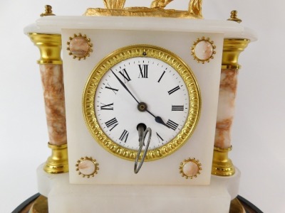 A French late 19thC onyx and gilt metal mantel clock, with Roman numeric dial with chapter ring and gilt surround, thirty hour movement, the case with white and red veined marble, surmounted with a figure of Vercingetorix on horseback, on an ebonised base - 10