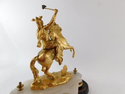 A French late 19thC onyx and gilt metal mantel clock, with Roman numeric dial with chapter ring and gilt surround, thirty hour movement, the case with white and red veined marble, surmounted with a figure of Vercingetorix on horseback, on an ebonised base - 13