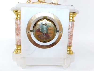 A French late 19thC onyx and gilt metal mantel clock, with Roman numeric dial with chapter ring and gilt surround, thirty hour movement, the case with white and red veined marble, surmounted with a figure of Vercingetorix on horseback, on an ebonised base - 14