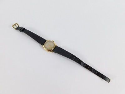 A Rotary 9ct gold lady's wristwatch, with square watch head and circular dial with seconds dial and silvered chequed backing, 2cm wide, on a black leather strap, 13g all in. - 5