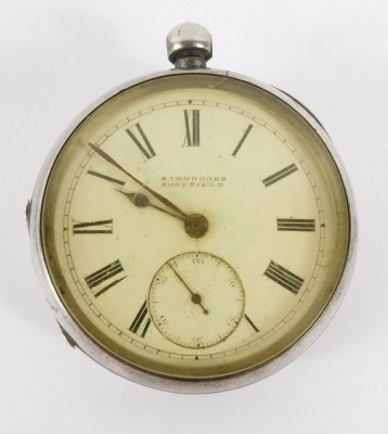 A Victorian gentleman's silver cased pocket watch, Sambrooks of Sheffield, open faced, key wind, white enamel dial bearing Roman numerals, subsidiary seconds dial, the case with engraved shield and garter reserve, with key, Birmingham 1896, and two associ - 13