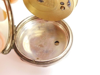 A Victorian gentleman's silver cased pocket watch, Sambrooks of Sheffield, open faced, key wind, white enamel dial bearing Roman numerals, subsidiary seconds dial, the case with engraved shield and garter reserve, with key, Birmingham 1896, and two associ - 15