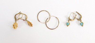 Three pairs of earrings, comprising a pair of 9ct gold hammered design hoops, 2cm high, a pair of Victorian style 9ct and CZ set drop earrings, and a pair of turquoise heart drop earrings, 4g all in. - 3