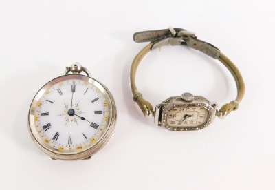 A Tivoli lady's silver cased wristwatch, and a Continental silver pocket watch, stamped 800, with white enamel dial, floral gold and silver markers, 40.3g all in. (2) - 5