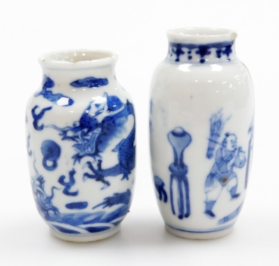 Three Chinese blue and white cylindrical porcelain snuff bottles, decorated with dragons, figures in a landscape, another of meiping form decorated with horses, and two further miniature blue and white vases; various Yongzheng and Qianlong marks to the un - 26