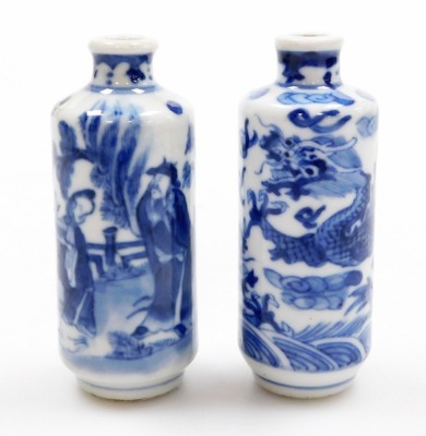 Three Chinese blue and white cylindrical porcelain snuff bottles, decorated with dragons, figures in a landscape, another of meiping form decorated with horses, and two further miniature blue and white vases; various Yongzheng and Qianlong marks to the un - 30